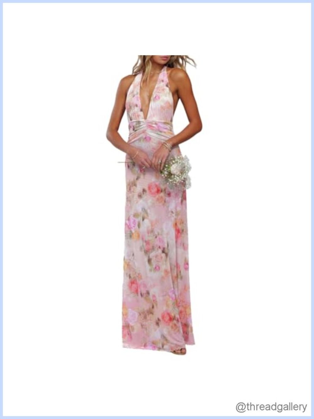 Women Halter Backless Maxi Dress Deep V Neck Open Back Mesh Ruched Beach